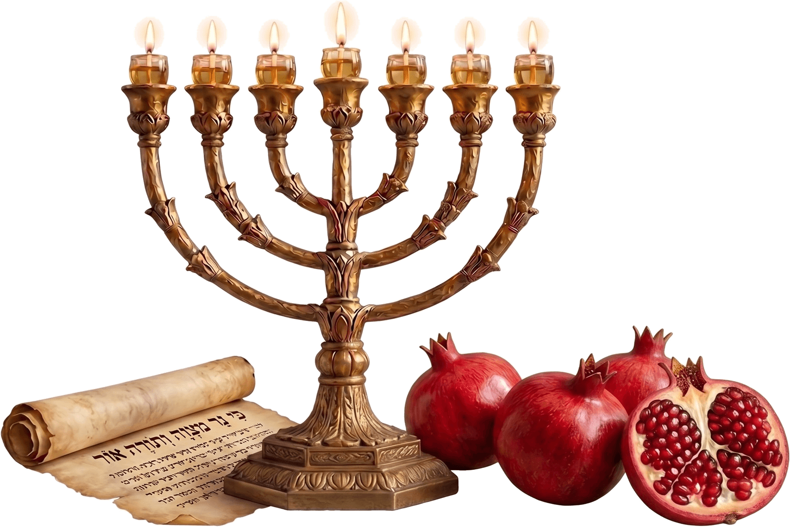 Menorah, Torah scroll, and pomegranates — the lampstand and the light